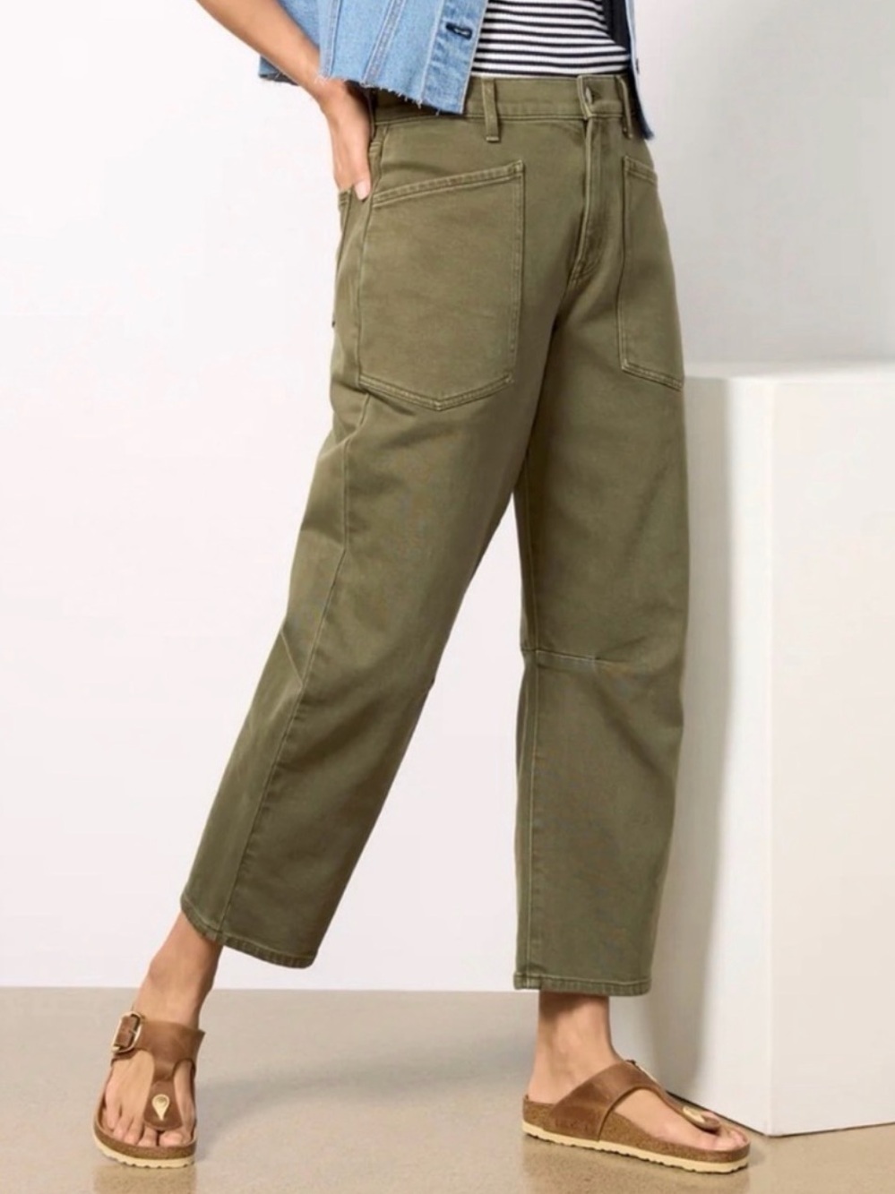 NWT Evereve Barrel Jeans Cora Olive Green Barrel Pant Size 24